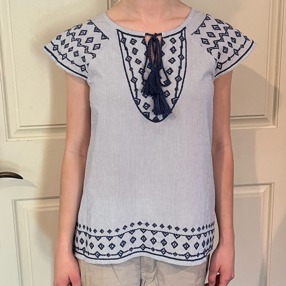 THML size S blue and white embroidered top